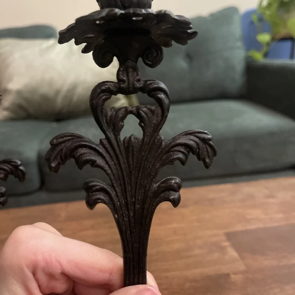 2 Vtg Cast Iron Art LB58 Ornate Taper Candlestick Candle Holder Art Nouveau Goth